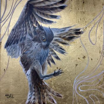 Painting titled "Owl" by Amix Alena, Original Artwork, Oil Mounted on Wood Stretcher frame