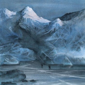 Картина под названием "Frozen lake" - Ana Maria Cosma, Подлинное произведение искусства, Акварель