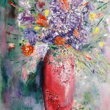 Painting titled "Fleurs en vase rose" by Ana Maria Rodriguez (AnaRz), Original Artwork, Oil