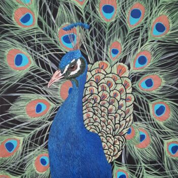 Painting titled "PEACOCK" by Ana Noronha, Original Artwork, Acrylic Mounted on Wood Stretcher frame