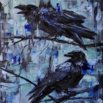 绘画 标题为“Вороны на синем” 由Алена Ковтун, 原创艺术品, 油 安装在木质担架架上