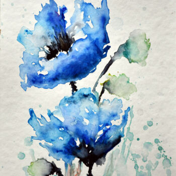 Peinture intitulée "Niebieskie maki" par Ana Smarz, Œuvre d'art originale, Aquarelle