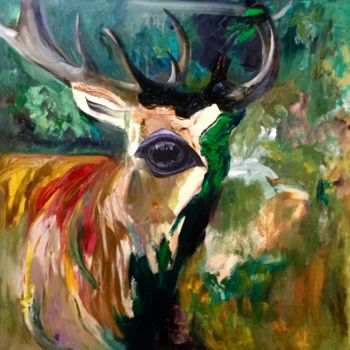 Painting titled "My deer" by Asavei, Original Artwork, Oil Mounted on Wood Panel