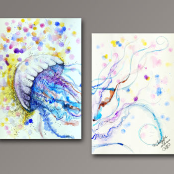 Painting titled "Jelly Fish, happy w…" by Anastasia Anait, Original Artwork, Watercolor