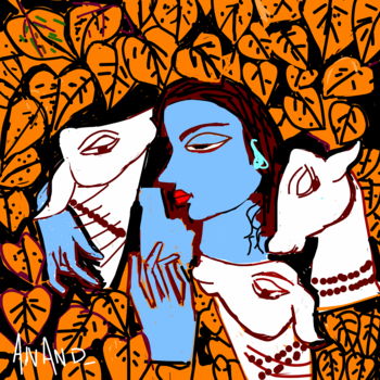 Digitale Kunst mit dem Titel "krishna-with-group-…" von Anandswaroop Manchiraju, Original-Kunstwerk, Digitale Malerei