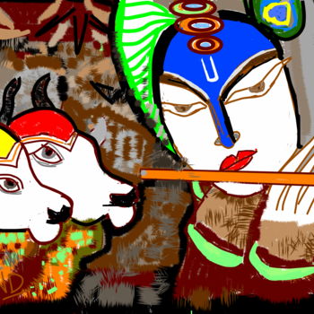 Digital Arts με τίτλο "krishna-playing-flu…" από Anandswaroop Manchiraju, Αυθεντικά έργα τέχνης, Ψηφιακή ζωγραφική