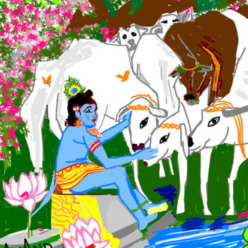 Digitale Kunst mit dem Titel "krishna-with-cows.j…" von Anandswaroop Manchiraju, Original-Kunstwerk, Digitale Malerei