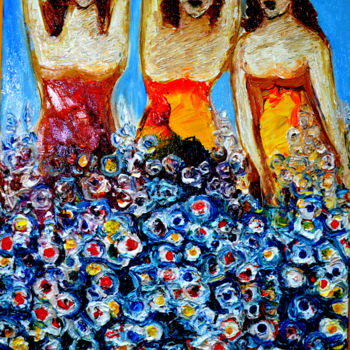 Malerei mit dem Titel "GIRLS WITH FLOWERS" von Anandswaroop Manchiraju, Original-Kunstwerk, Öl