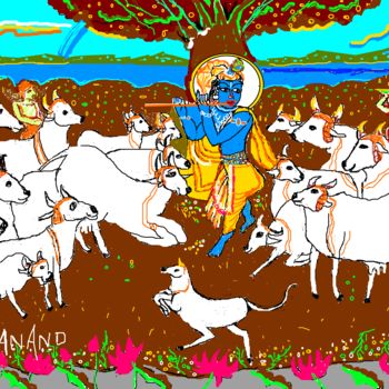 Digitale Kunst mit dem Titel "krishna-with-cows.p…" von Anandswaroop Manchiraju, Original-Kunstwerk, Digitale Malerei