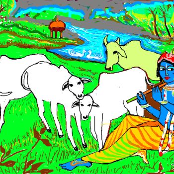 Digitale Kunst getiteld "krishna-withfour-co…" door Anandswaroop Manchiraju, Origineel Kunstwerk, Digitaal Schilderwerk