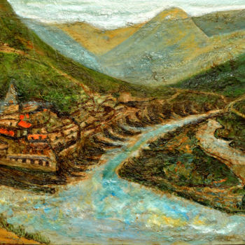 Schilderij getiteld "DEVPRAYAG ,SANGM" door Anandswaroop Manchiraju, Origineel Kunstwerk, Olie