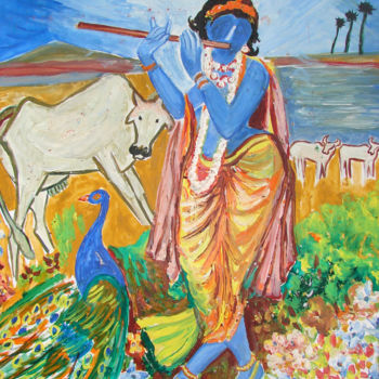 绘画 标题为“KRISHNA WITH COW” 由Anandswaroop Manchiraju, 原创艺术品, 油