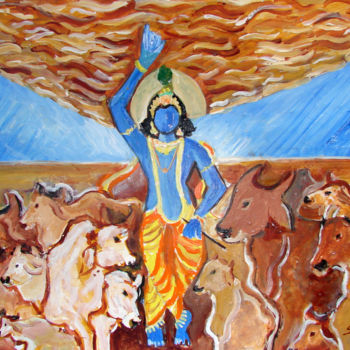 Pintura intitulada "KRISHNA LIFTING GOV…" por Anandswaroop Manchiraju, Obras de arte originais, Óleo