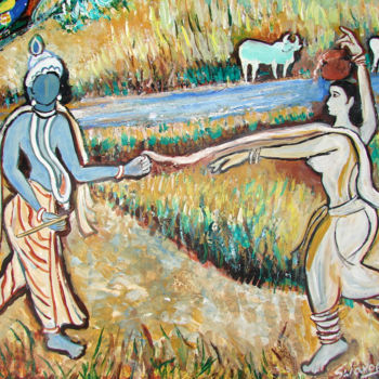 Painting titled "KRISHNA RADHA IN RO…" by Anandswaroop Manchiraju, Original Artwork, Oil