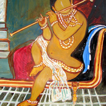 Pintura intitulada "KRISHNA PLAYING MUS…" por Anandswaroop Manchiraju, Obras de arte originais, Óleo