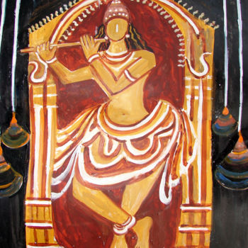 「KRISHNA PLAYING MUS…」というタイトルの絵画 Anandswaroop Manchirajuによって, オリジナルのアートワーク, オイル