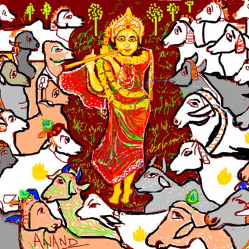Digital Arts titled "KRISHNA AND COWS" by Anandswaroop Manchiraju, Original Artwork
