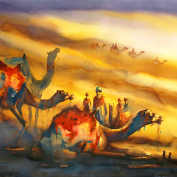 Painting titled "Golden Desert II" by Ananta Mandal, Original Artwork, Watercolor