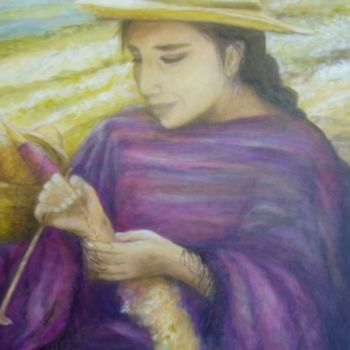 Painting titled "La hilandera" by Ana Celia Quintana, Original Artwork