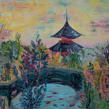 Painting titled "Japanese landscape" by Anastacia Gaikova, Original Artwork, Oil Mounted on Wood Stretcher frame