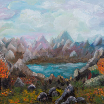 Painting titled "Lake in the mountai…" by Anastacia Gaikova, Original Artwork, Oil Mounted on Wood Stretcher frame