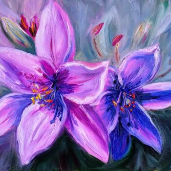 Картина под названием "Purple lilies, oil…" - Anastasia Akunina, Подлинное произведение искусства, Масло