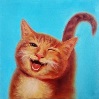 Schilderij getiteld "FUNNY CAT PAINTING" door Anastasia Akunina, Origineel Kunstwerk, Olie