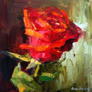 Pintura titulada "Single Red Rose Flo…" por Anastasia Akunina, Obra de arte original, Oleo Montado en Cartulina