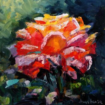 Painting titled "Rose painting Flowe…" by Anastasia Akunina, Original Artwork, Oil Mounted on Cardboard