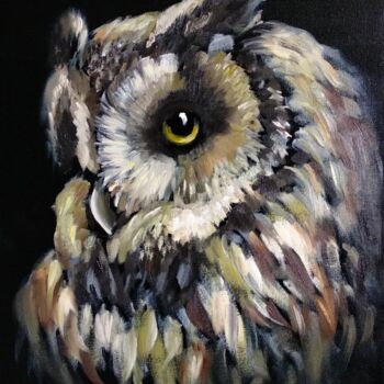 Painting titled "Owl painting Night…" by Anastasia Akunina, Original Artwork, Oil
