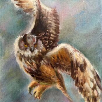 Painting titled "Flying Owl Birds Ar…" by Anastasia Akunina, Original Artwork, Oil