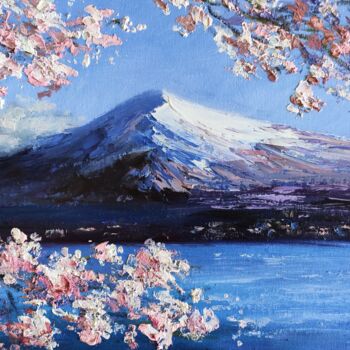 Malarstwo zatytułowany „Fuji and Sakura Tex…” autorstwa Anastasia Akunina, Oryginalna praca, Olej Zamontowany na Karton