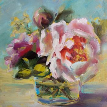 Painting titled "Pink rose in a glass" by Anastasia Akunina, Original Artwork, Oil Mounted on Cardboard