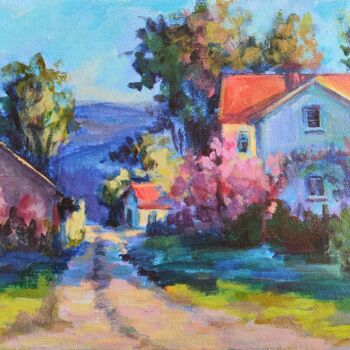 Painting titled "Summer countryside…" by Anastasia Akunina, Original Artwork, Acrylic Mounted on Cardboard