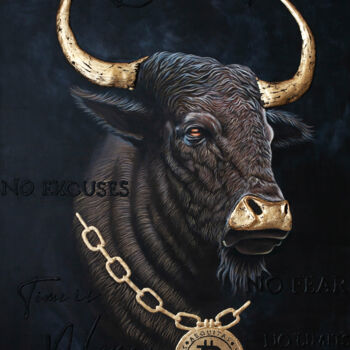 Pittura intitolato "bull with Bitcoin" da Anastasia But, Opera d'arte originale, Acrilico