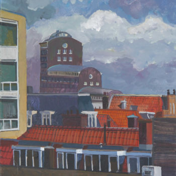 Painting titled "Roofs of The Hague…" by Anastasia Chernysheva, Original Artwork, Acrylic Mounted on Wood Stretcher frame