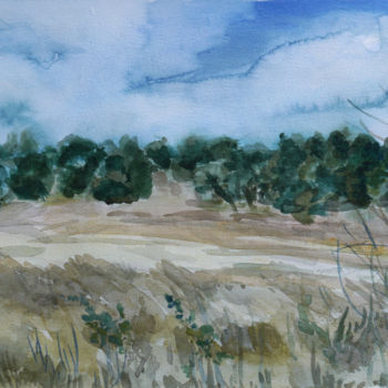 Painting titled "The field" by Anastasia Chernysheva, Original Artwork, Watercolor Mounted on Cardboard