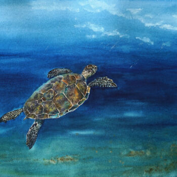 Pintura intitulada "Морская черепаха" por Anastasiia Fedorchenko, Obras de arte originais, Aquarela