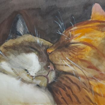 Painting titled "Kitten tenderness" by Anastasia Gogol, Original Artwork, Watercolor