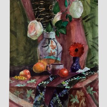 Malerei mit dem Titel "Натюрморт с розами" von Anastasia Kirilenko, Original-Kunstwerk, Aquarell