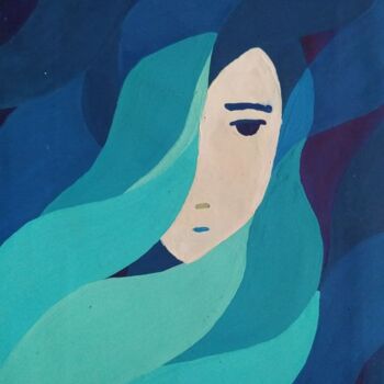 Schilderij getiteld "Девушка с синими во…" door Svoboda, Origineel Kunstwerk, Gouache