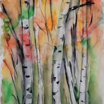 Peinture intitulée "Autumn birch" par Anastasia_art, Œuvre d'art originale, Aquarelle