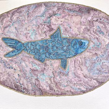 Peinture intitulée "Mosaic blue fish" par Anastasia Tokdemir, Œuvre d'art originale, Aquarelle