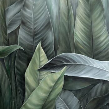 Peinture intitulée "Tropical leaves" par Anastasiia Iurzinova, Œuvre d'art originale, Huile Monté sur Châssis en bois
