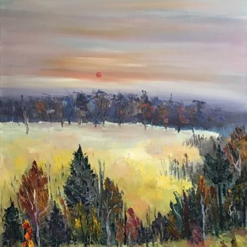 Painting titled ""Autumn sunset"" by Anastasia Valaeva, Original Artwork, Oil Mounted on Wood Stretcher frame
