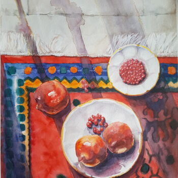 Malarstwo zatytułowany „Granatapfel auf dem…” autorstwa Anastasia Weishaupt, Oryginalna praca, Akwarela