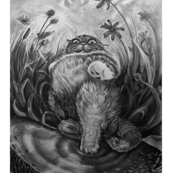 Drawing titled "Cat and water" by Anastasiia Balanda, Original Artwork, Pencil