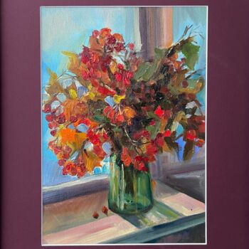 Pintura intitulada "“Rowan. Autumn Bouq…" por Anastasiia Moskvitina, Obras de arte originais, Aquarela Montado em Vidro