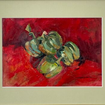 Painting titled "“Green peppers on a…" by Anastasiia Moskvitina, Original Artwork, Oil