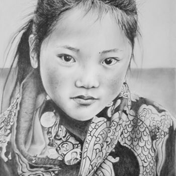 Drawing titled "Tibetan girl with h…" by Anastasiia Poberezhets, Original Artwork, Pencil